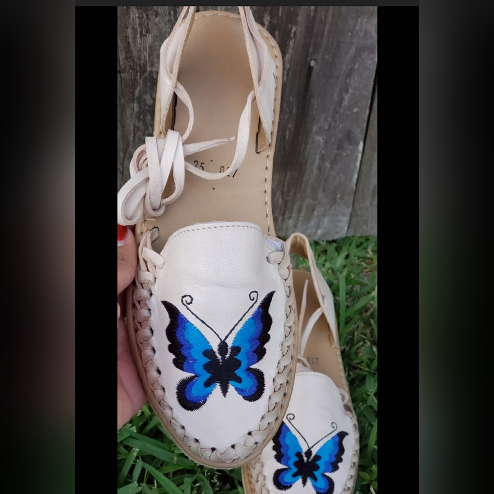 🦋 Blue Butterfly Embroidered Leather Flats | Boho Lace-Up Artisan Shoes